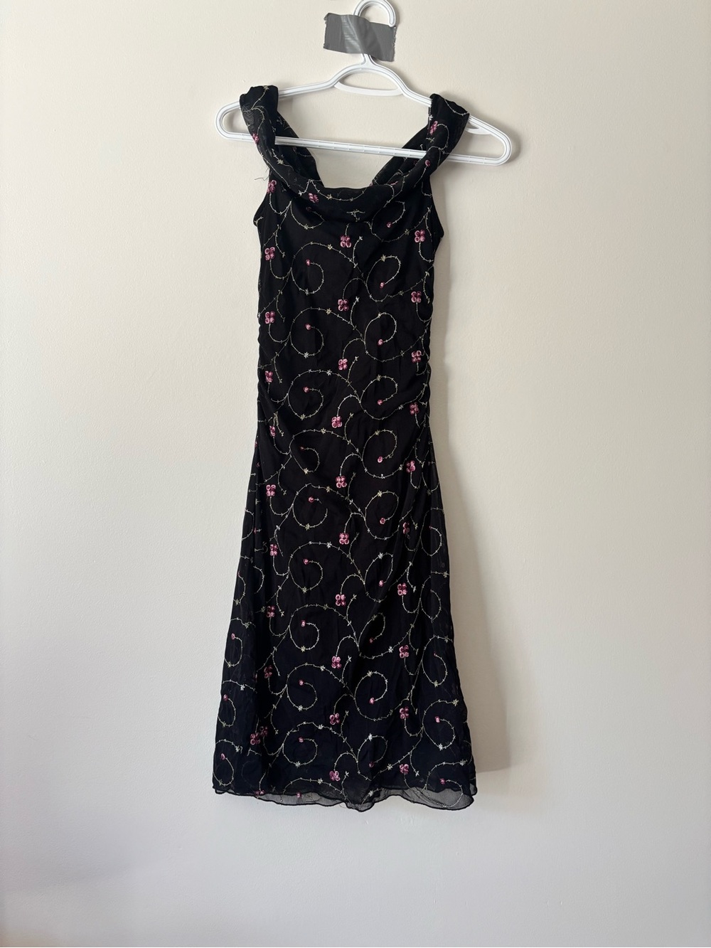 le chateau Black Midi Dress with Pink Floral Swirl Embroidery